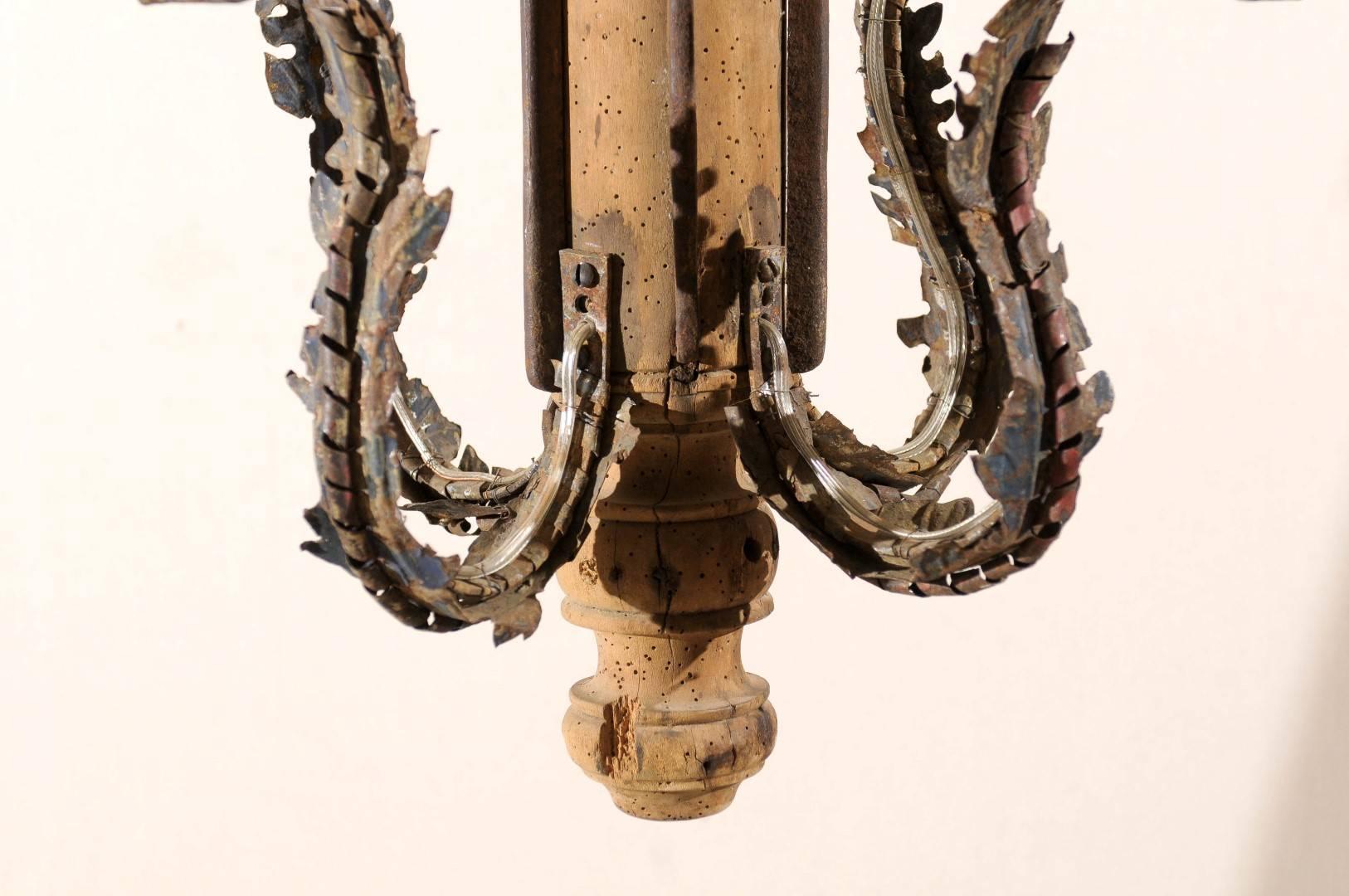 Italian Early 20th Century Chandelier Made of Metal and a Wood Fragment 2