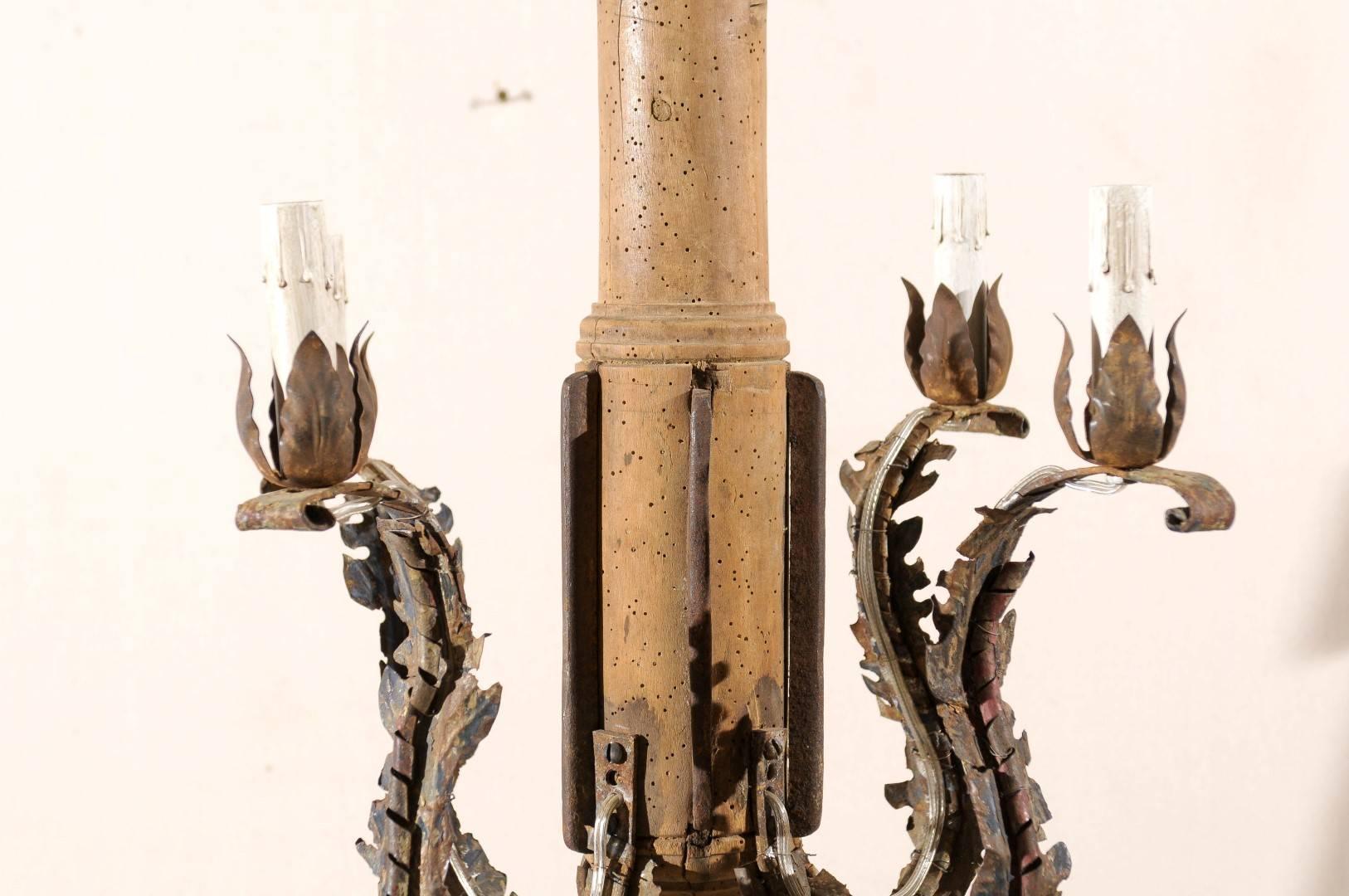 Italian Early 20th Century Chandelier Made of Metal and a Wood Fragment 4