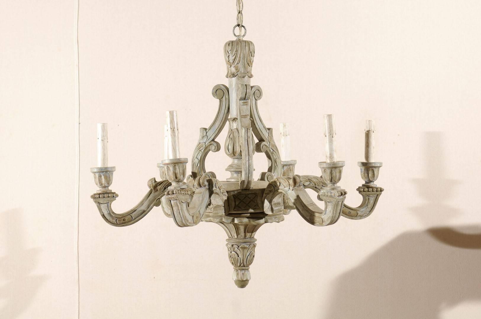 French Vintage Six-Light Wood Chandelier with Ornate Carvings and Scroll Arms In Good Condition In Atlanta, GA