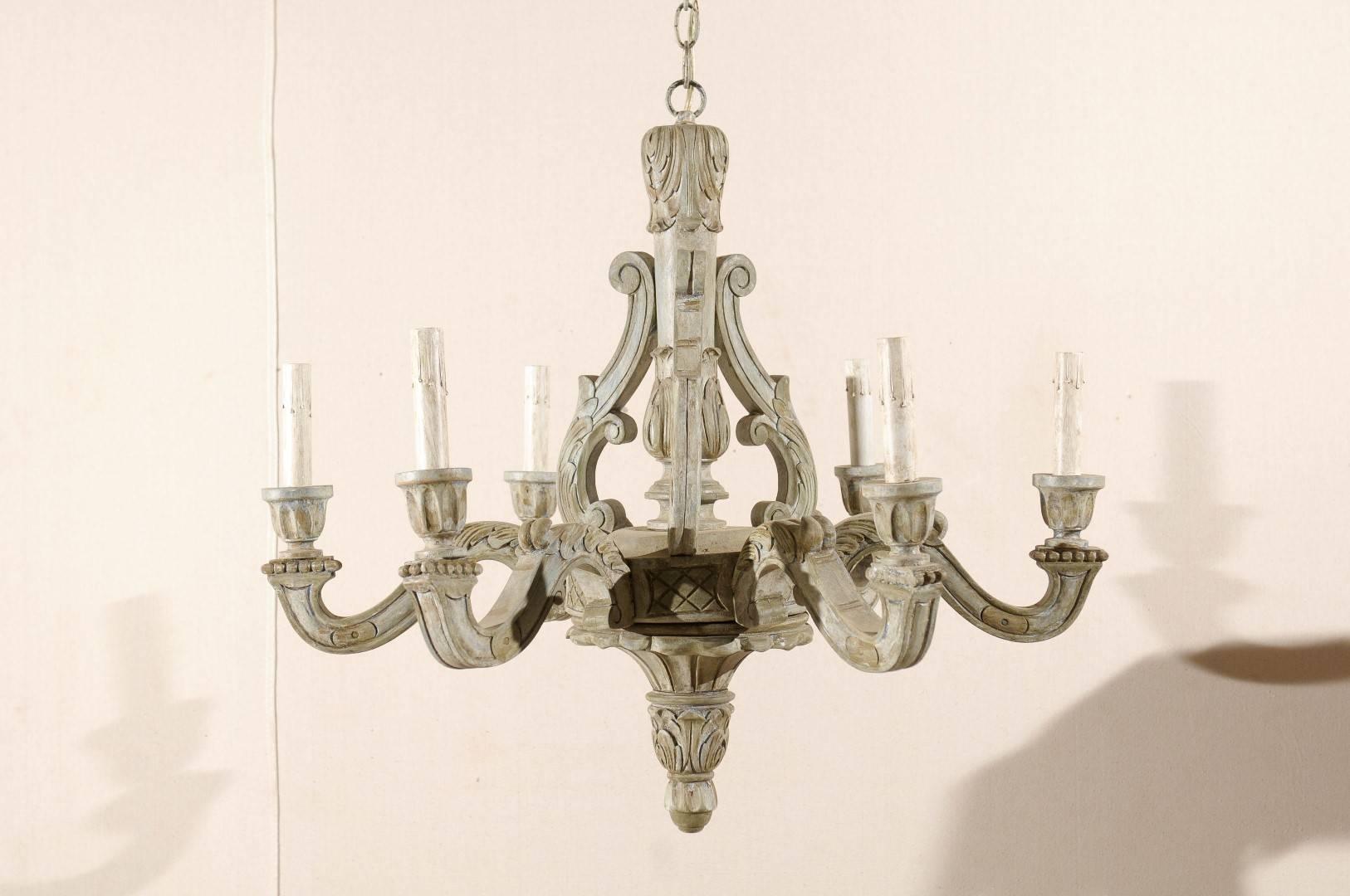 Carved French Vintage Six-Light Wood Chandelier with Ornate Carvings and Scroll Arms