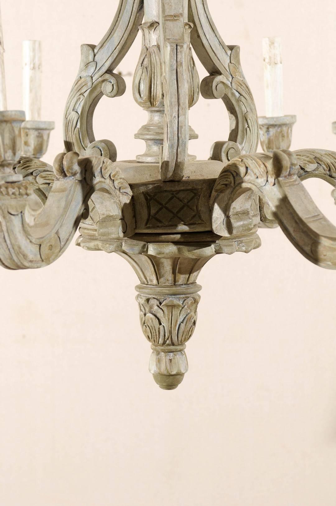 French Vintage Six-Light Wood Chandelier with Ornate Carvings and Scroll Arms 3