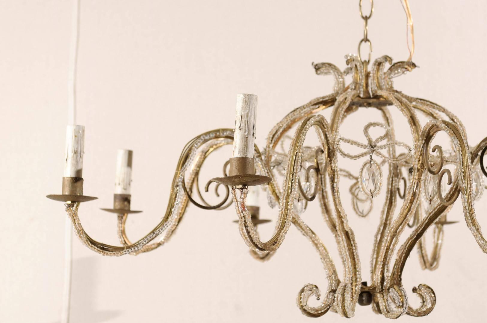 20th Century Curling Italian Eight-Light Chandelier with Gilding, Beading and S-Scrolls