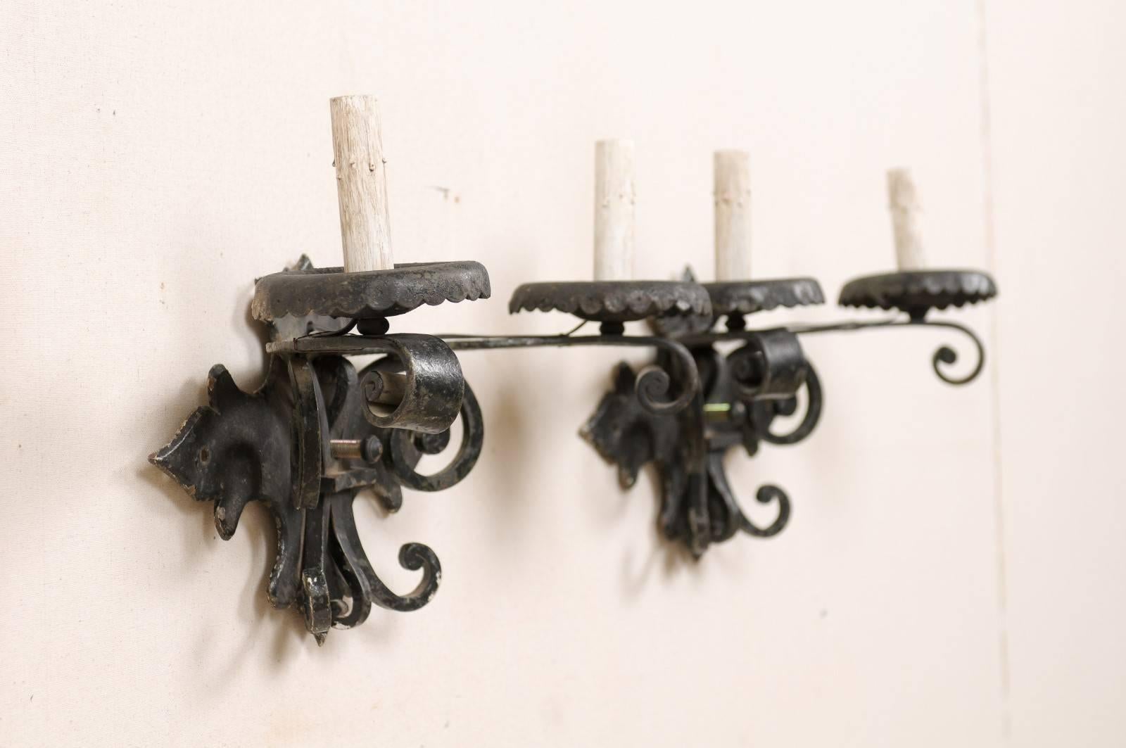 Pair of Spanish Black Forged Iron Two-Light Sconces with Metal Bobèches In Good Condition For Sale In Atlanta, GA