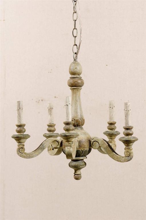 French Vintage Five Light Painted Wood Chandelier Of Grey Green A French Five Light Chandelier From The Mid 20th Century This Vintage
