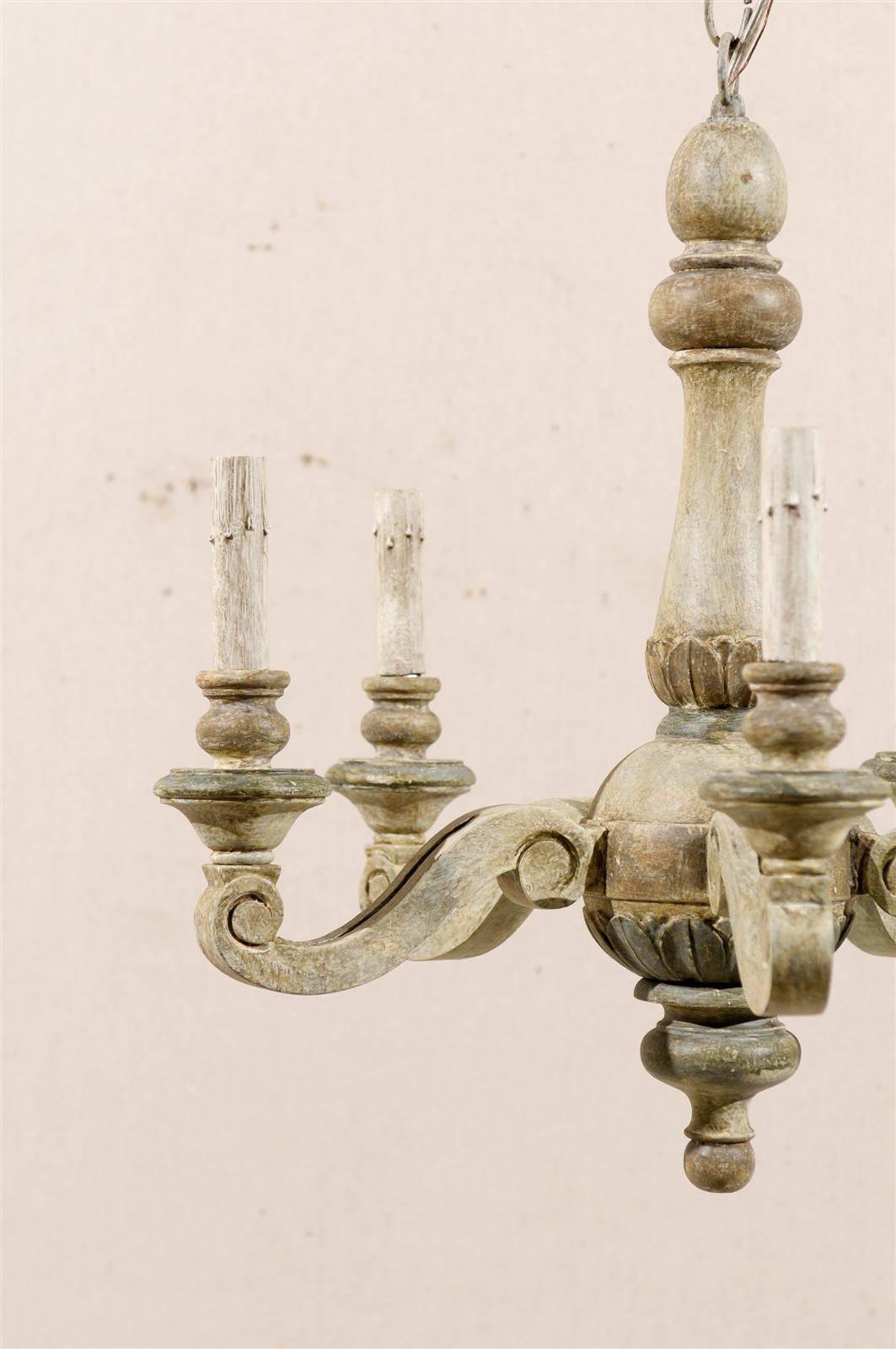 French Vintage Five-Light Painted Wood Chandelier of Grey Green Color In Good Condition In Atlanta, GA