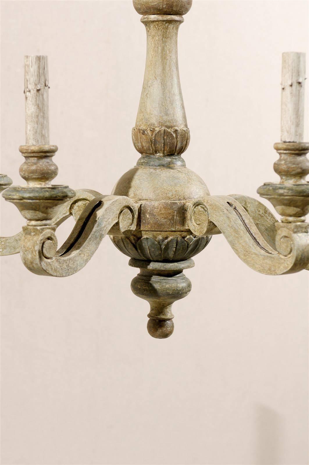 French Vintage Five-Light Painted Wood Chandelier of Grey Green Color 2