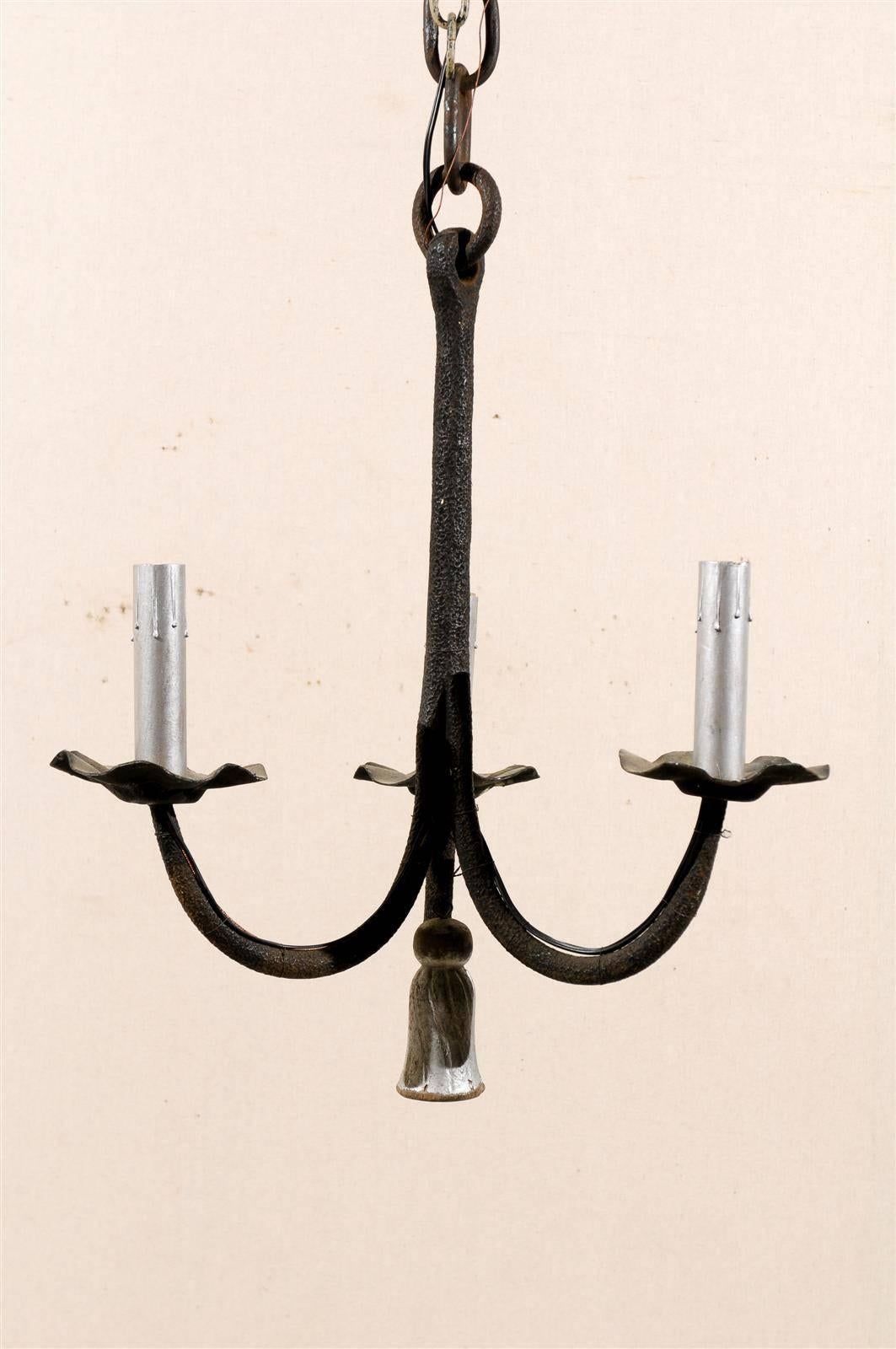 French Three-Light Iron Chandelier with Swoop Arms and Silver Tassel 2