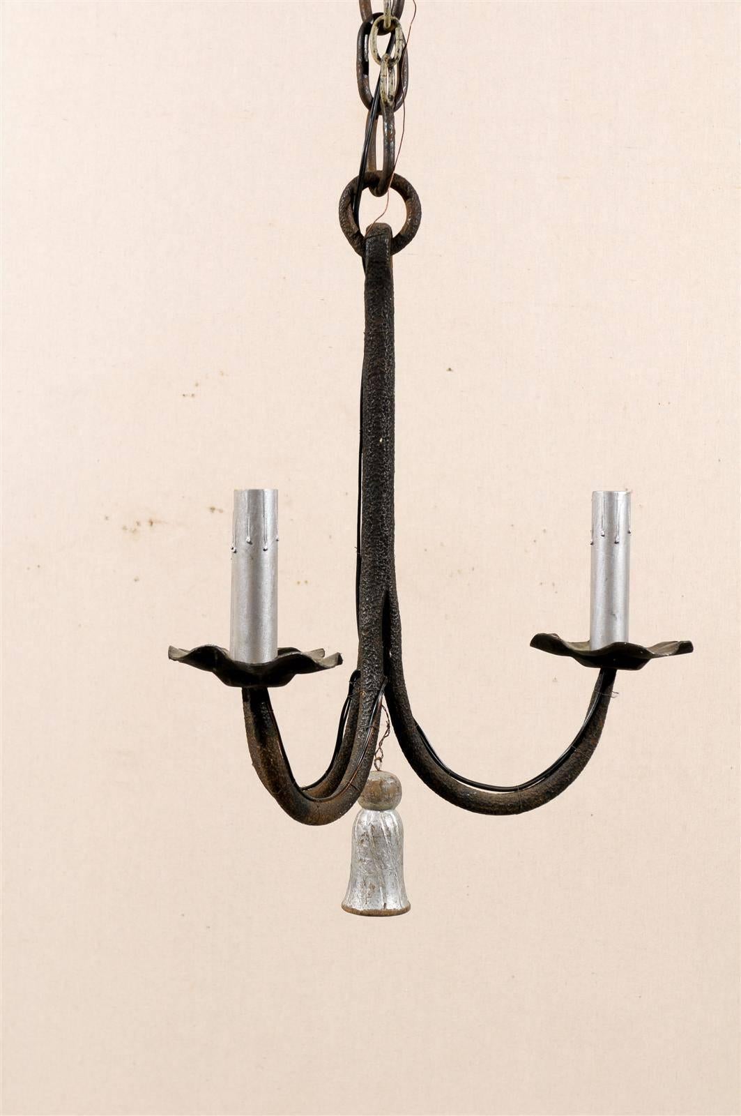 French Three-Light Iron Chandelier with Swoop Arms and Silver Tassel 3