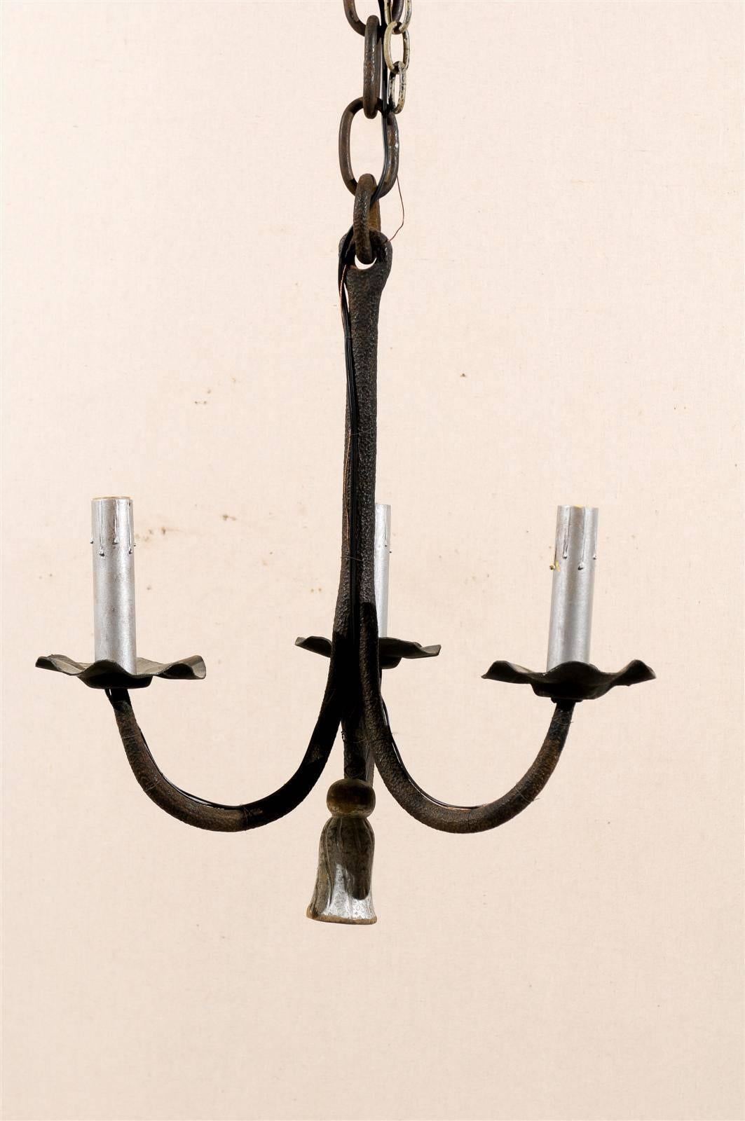 French Three-Light Iron Chandelier with Swoop Arms and Silver Tassel 4