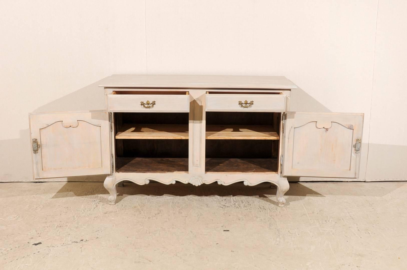 20th Century French Painted Wood Buffet with Scalloped Skirt and Grey, Beige Pickled Finish For Sale