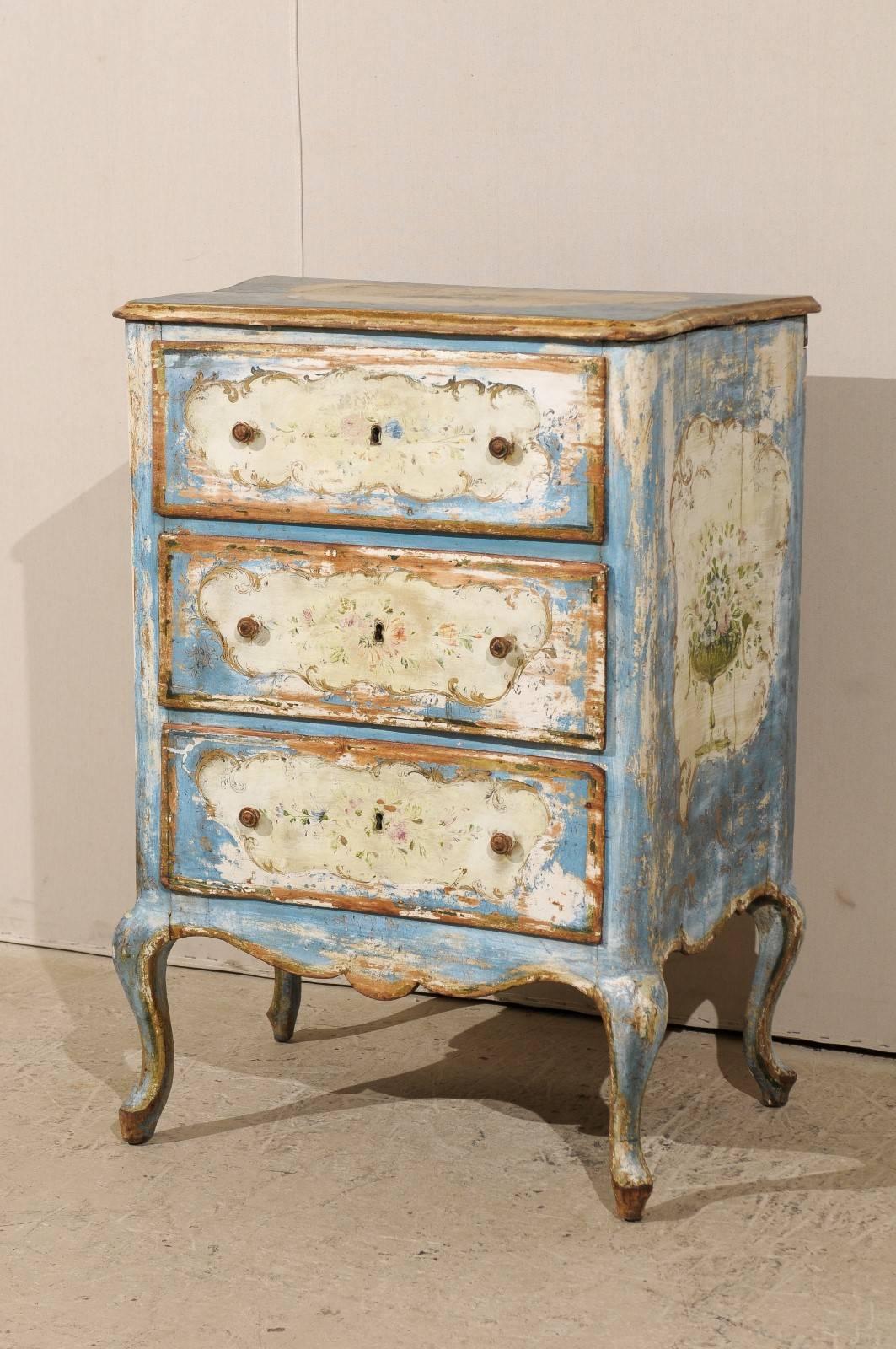 Painted Italian Venetian 19th Century Chest with Original Blue and Off-White Paint