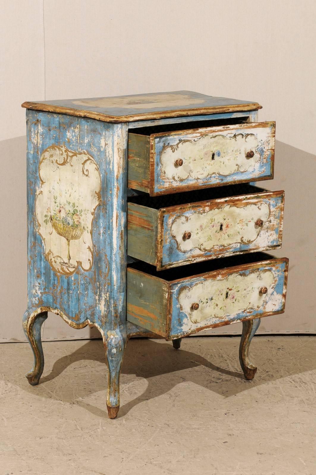 Wood Italian Venetian 19th Century Chest with Original Blue and Off-White Paint