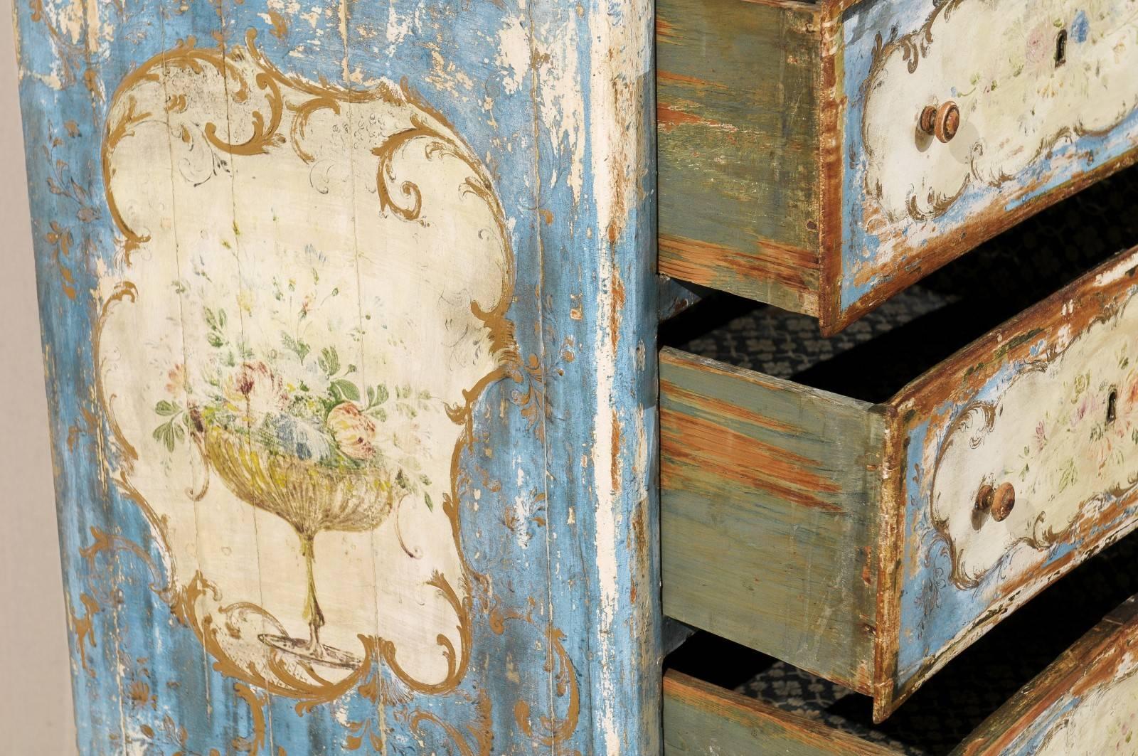 Italian Venetian 19th Century Chest with Original Blue and Off-White Paint 1