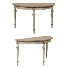 Antique Pair of Swedish Demilune Tables from the 19th Century, in Blue-Grey and Beige