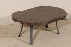 One-of-a-Kind Burned Teak Wood with Subtle Sheen Oval Shaped Table on Metal Bas