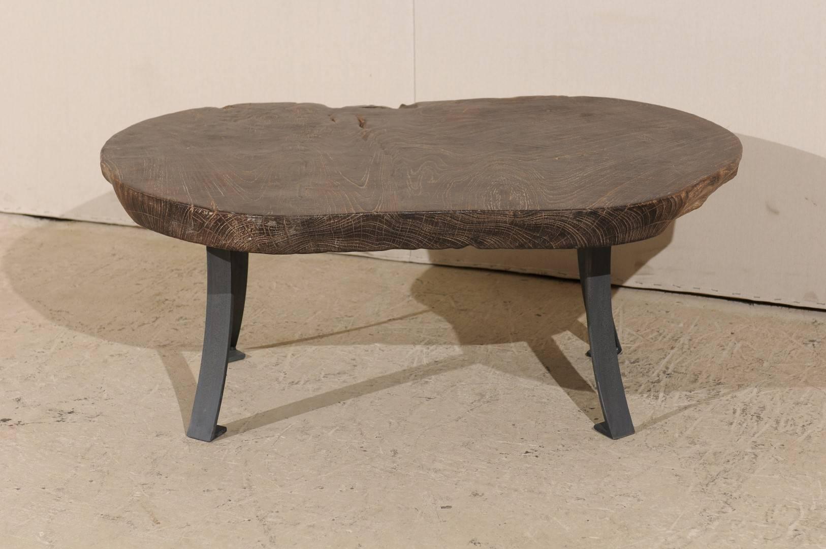 American One-of-a-Kind Burned Teak Wood with Subtle Sheen Oval Shaped Table on Metal Bas