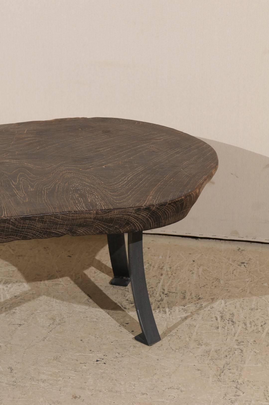 One-of-a-Kind Burned Teak Wood with Subtle Sheen Oval Shaped Table on Metal Bas 1