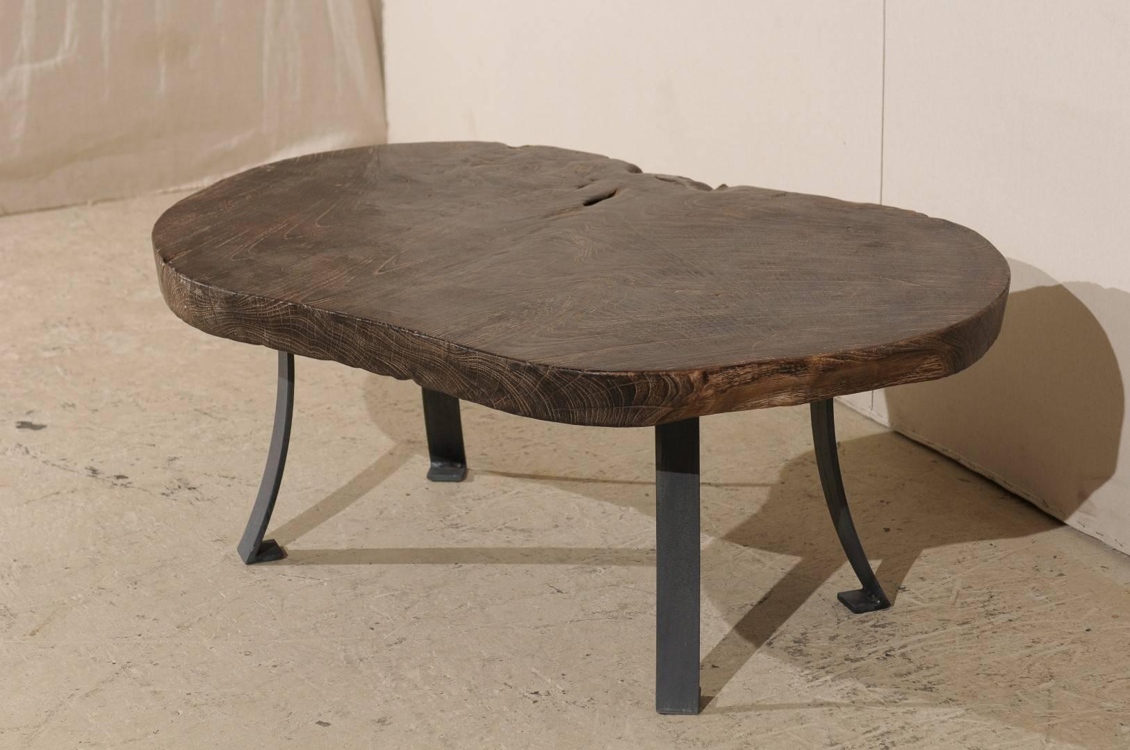 One-of-a-Kind Burned Teak Wood with Subtle Sheen Oval Shaped Table on Metal Bas In Good Condition In Atlanta, GA