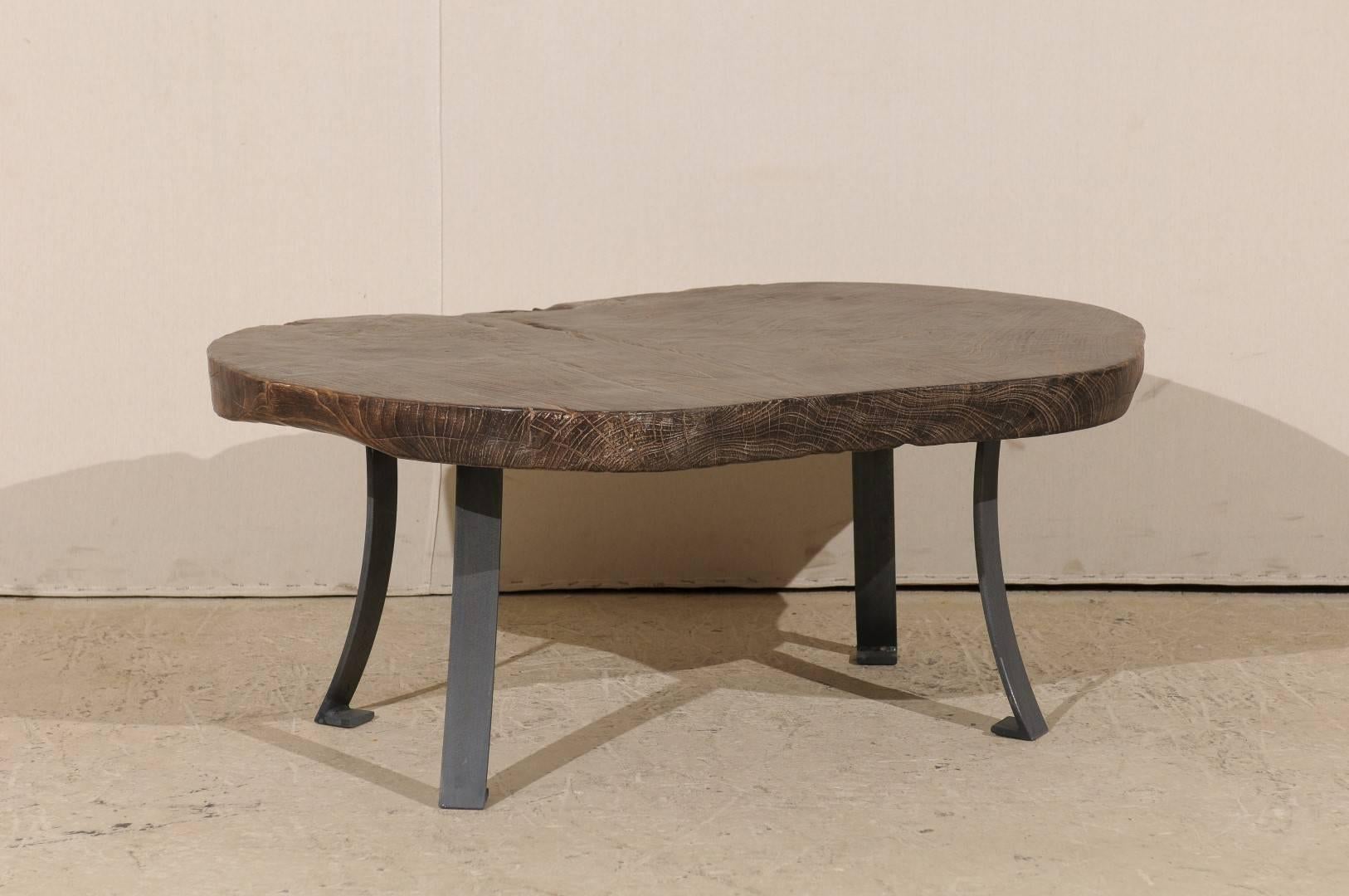 One-of-a-Kind Burned Teak Wood with Subtle Sheen Oval Shaped Table on Metal Bas 2