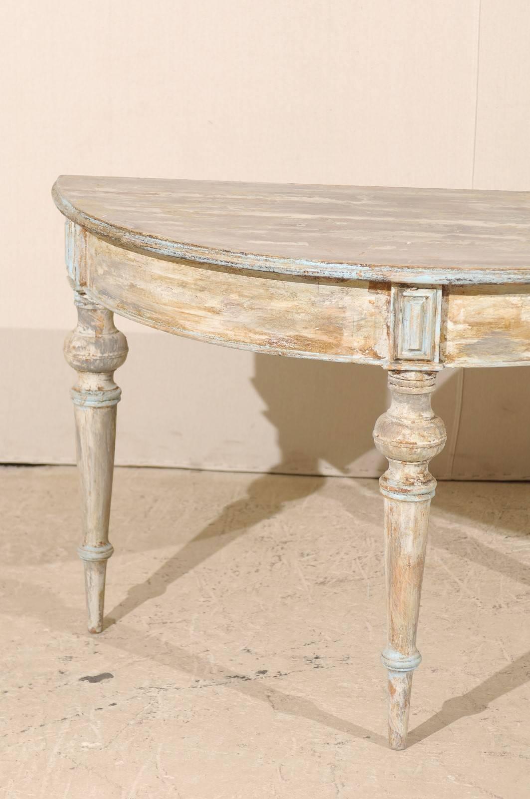 Pair of 19th Century Swedish Demilune Tables in Taupe, Cream & Soft Blue Colors In Good Condition In Atlanta, GA