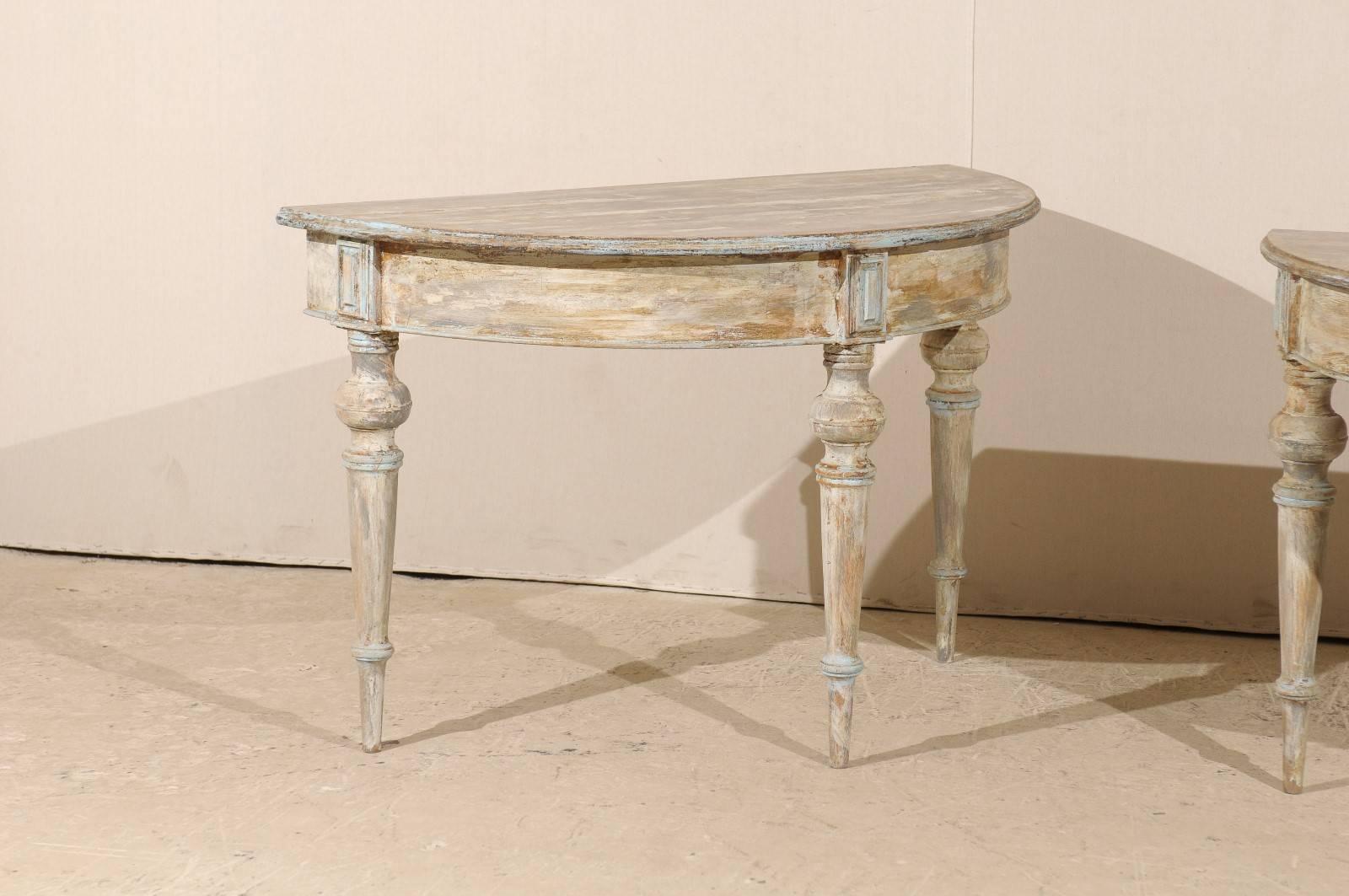Pair of 19th Century Swedish Demilune Tables in Taupe, Cream & Soft Blue Colors 1