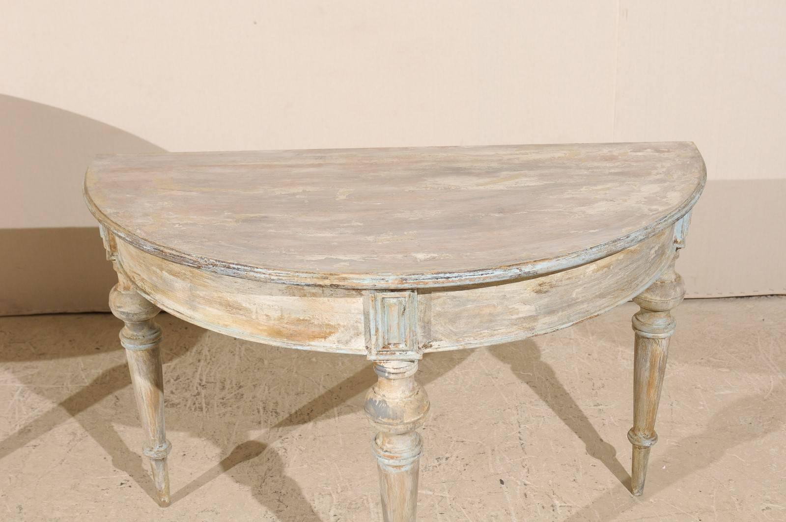 Pair of 19th Century Swedish Demilune Tables in Taupe, Cream & Soft Blue Colors 2