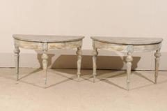 Pair of 19th Century Swedish Demilune Tables in Taupe, Cream & Soft Blue Colors