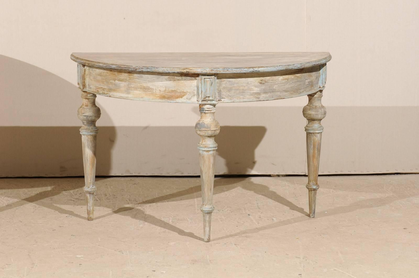 Pair of 19th Century Swedish Demilune Tables in Taupe, Cream & Soft Blue Colors 4