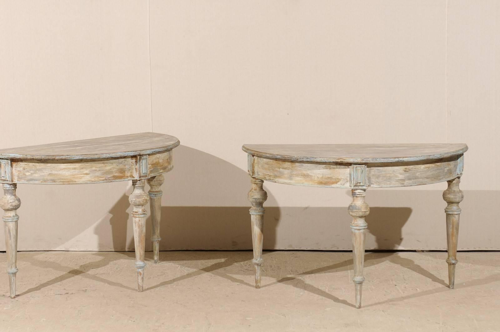 Painted Pair of 19th Century Swedish Demilune Tables in Taupe, Cream & Soft Blue Colors