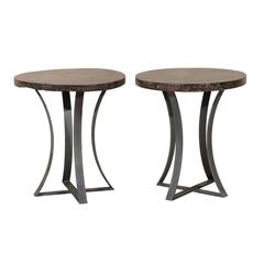 Pair of Round Beautifully Burned Teakwood Side/Drink Tables with Metal Base