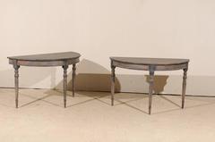 Pair of Swedish Demilune Tables in Taupe and Blue Color, 19th Century