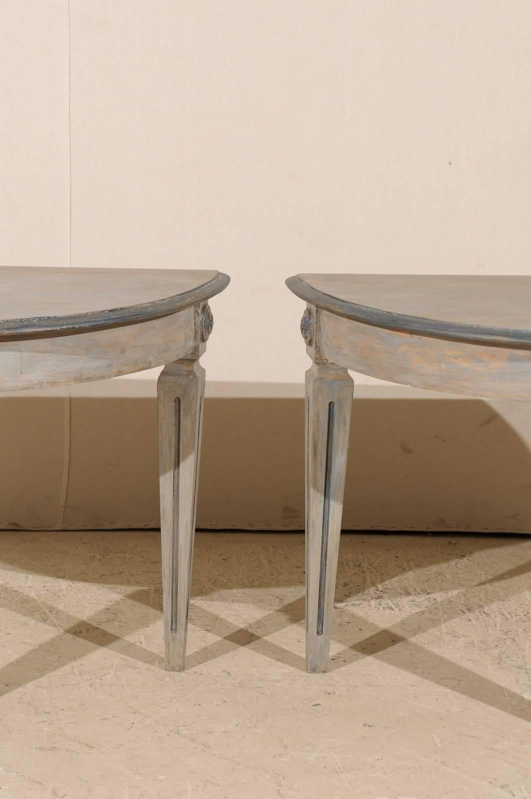 Pair of Swedish Painted Wood Demilune Tables with Fluted and Tapered Legs 2