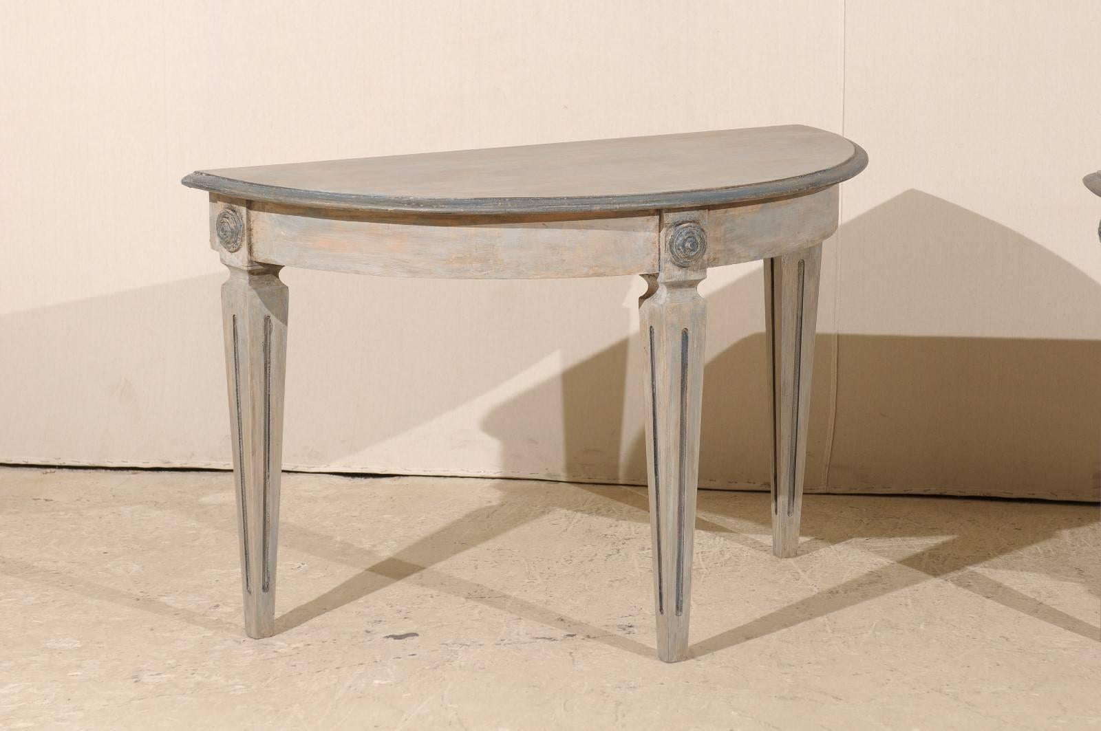 Carved Pair of Swedish Painted Wood Demilune Tables with Fluted and Tapered Legs