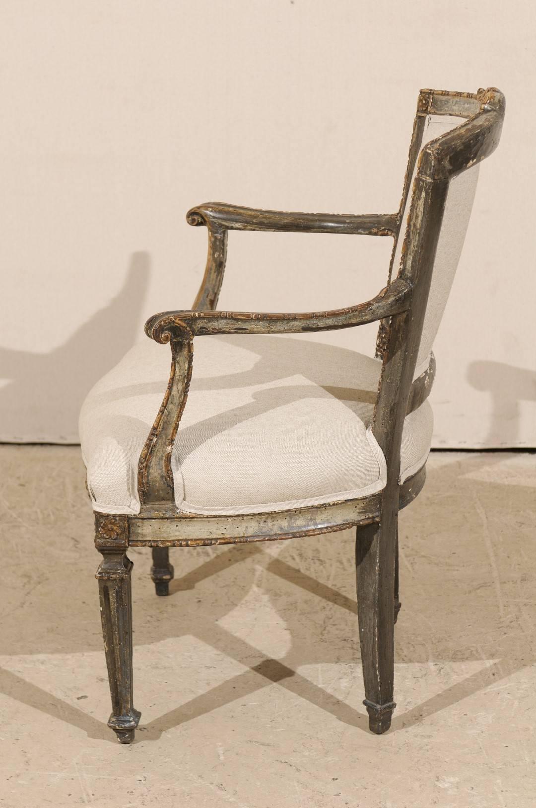 Single Italian Armchair with Richly Carved Wood Details in Brown/Green Color For Sale 4