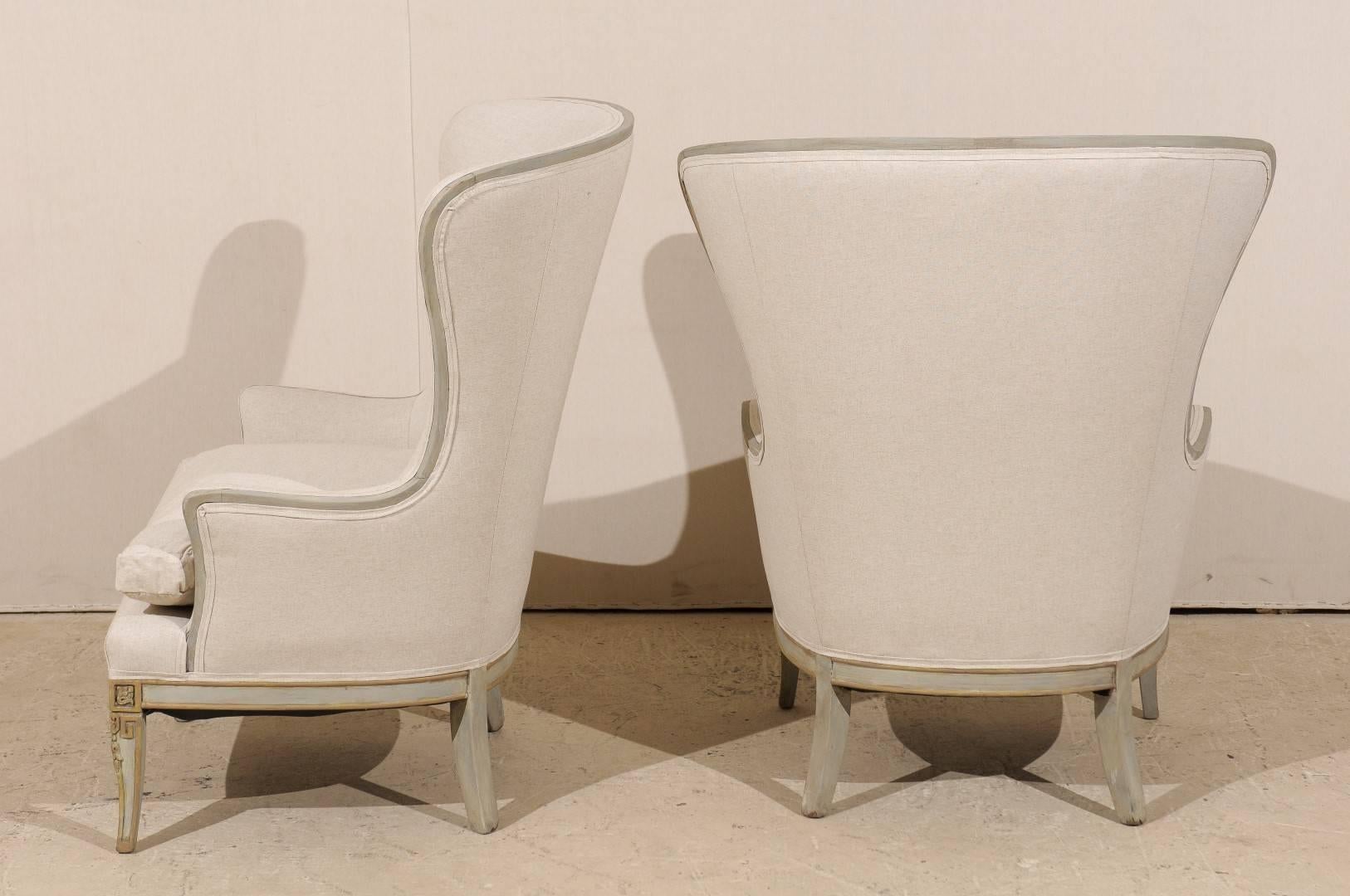 Mid-Century Modern Pair of Painted Wood Wingback Chairs with Carved Details and New Upholstery