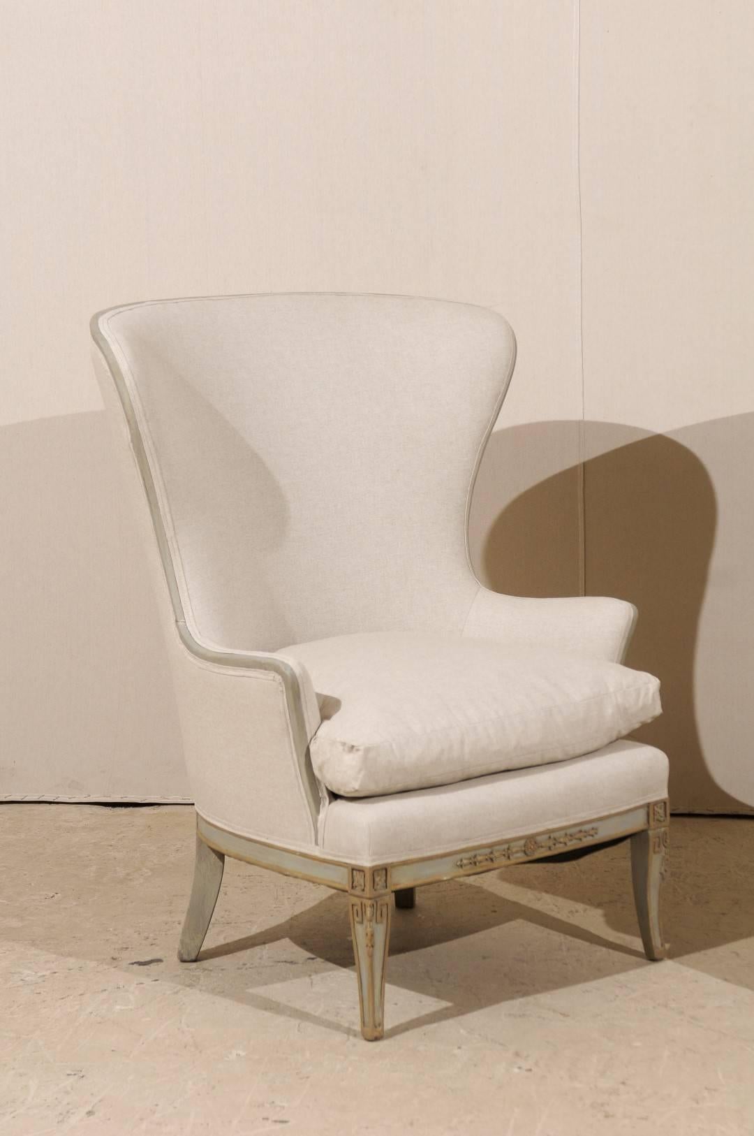 Pair of Painted Wood Wingback Chairs with Carved Details and New Upholstery In Good Condition In Atlanta, GA