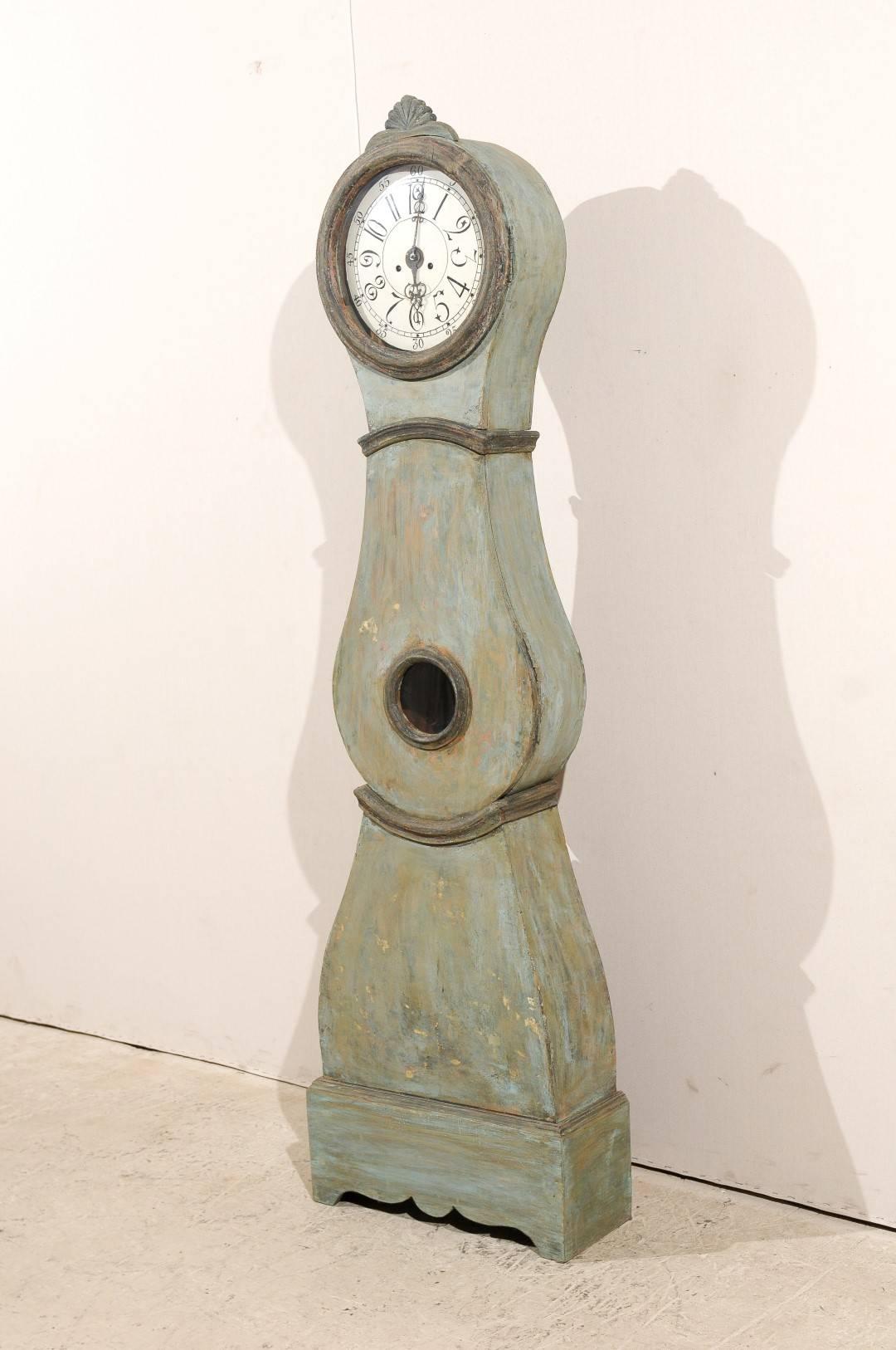 Painted 19th Century Swedish ‘Mora’ Clock in Green, Grey and Blue Color with Shell Crest