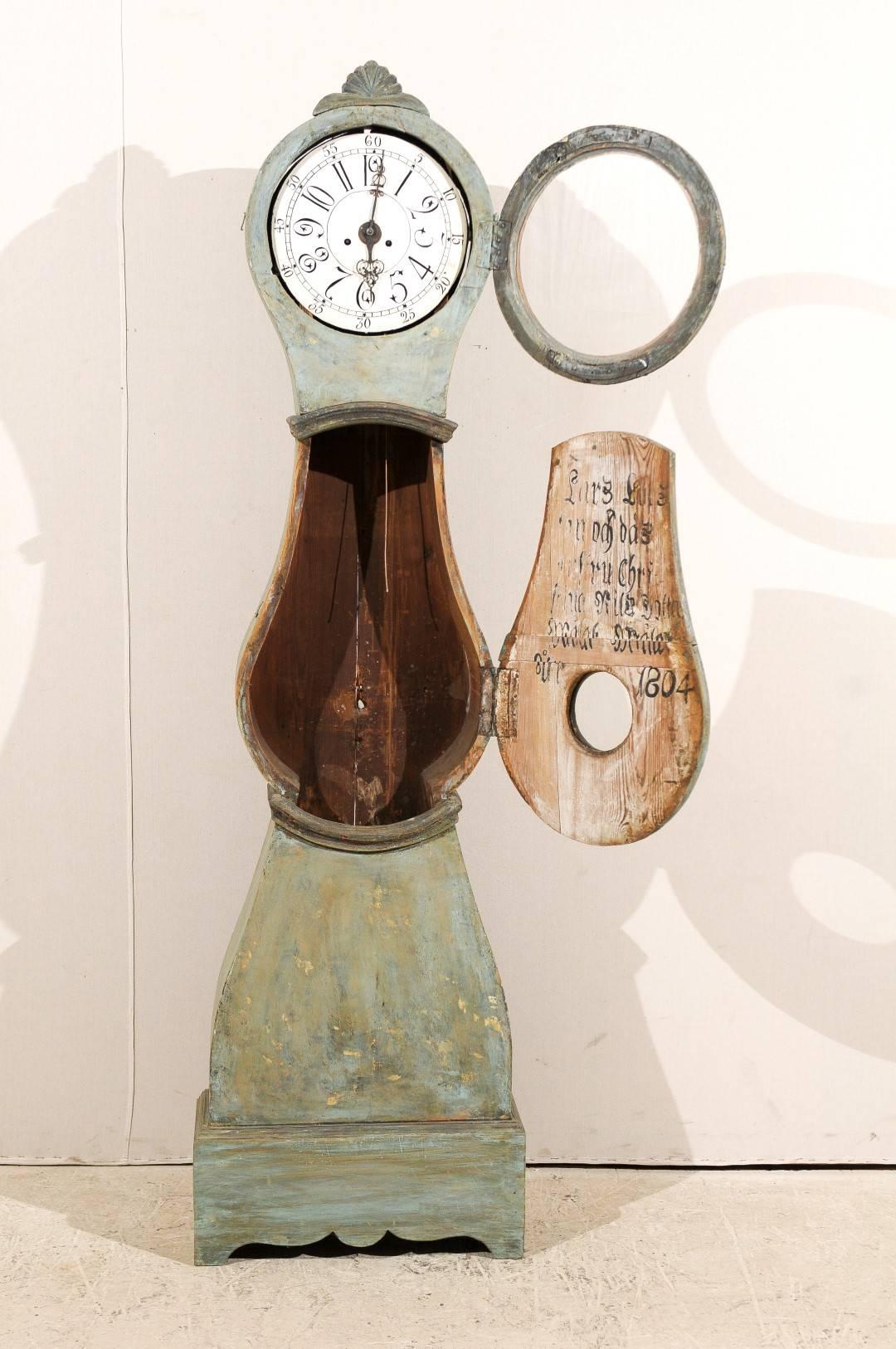 19th Century Swedish ‘Mora’ Clock in Green, Grey and Blue Color with Shell Crest 2