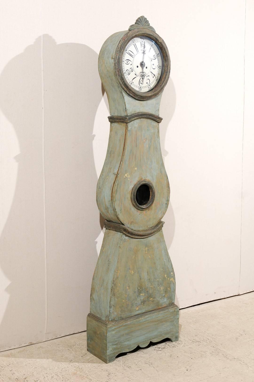 19th Century Swedish ‘Mora’ Clock in Green, Grey and Blue Color with Shell Crest In Good Condition In Atlanta, GA
