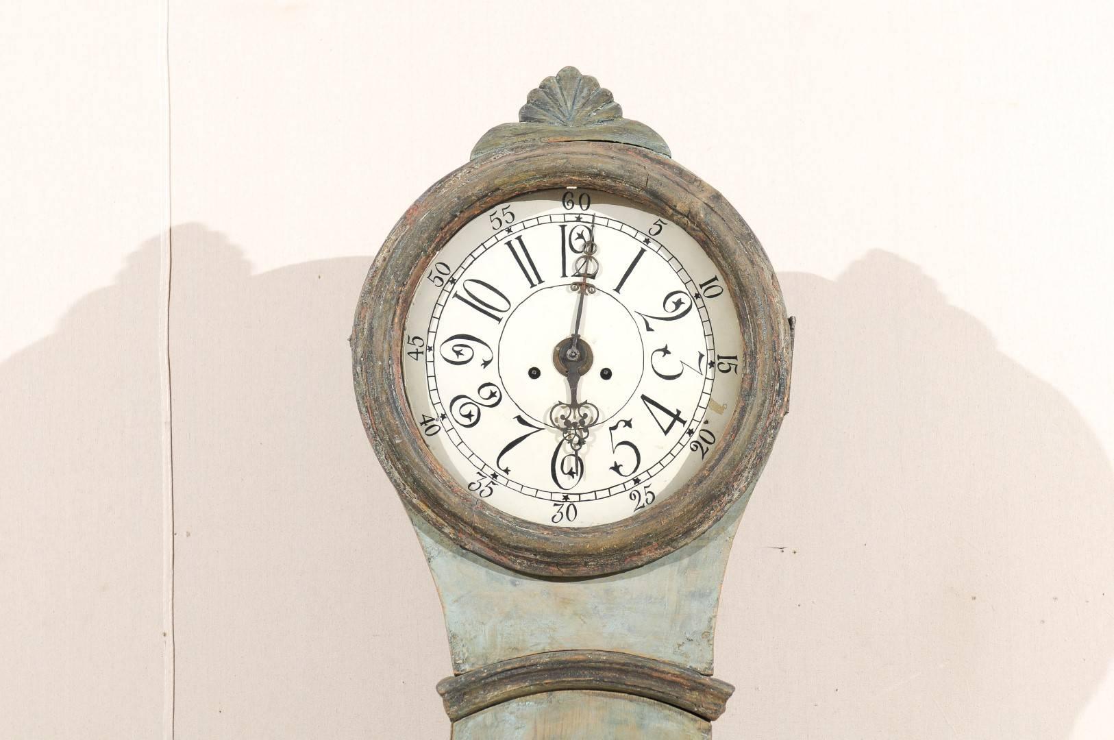 Glass 19th Century Swedish ‘Mora’ Clock in Green, Grey and Blue Color with Shell Crest