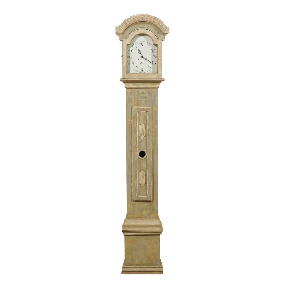 19th Century Swedish Mora Floor Clock with Intricately Carved Bonnet Crest