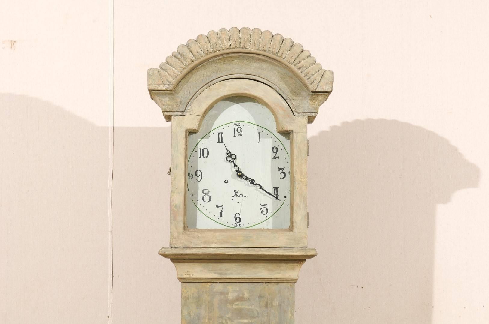 19th C. Swedish Mora Floor Clock with Rectangular Body & Carved Bonnet Crest In Good Condition In Atlanta, GA