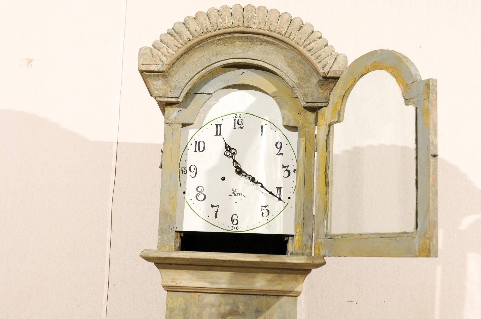 19th Century 19th C. Swedish Mora Floor Clock with Rectangular Body & Carved Bonnet Crest