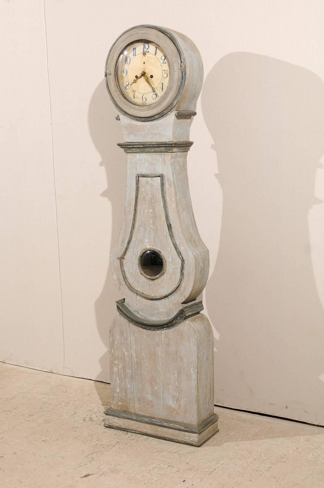 Painted Mora Swedish Clock from the 19th Century in Very Light Blue Grey Color For Sale