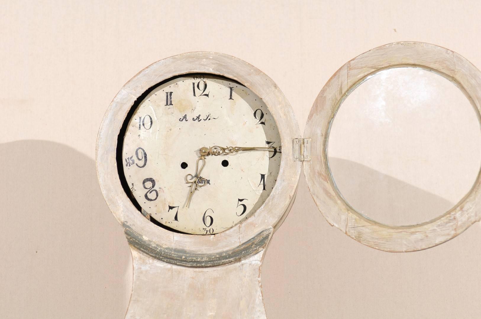 Glass Swedish 19th C. Mora Longcase Clock w/it's Original Metal Face, Hands & Movement For Sale