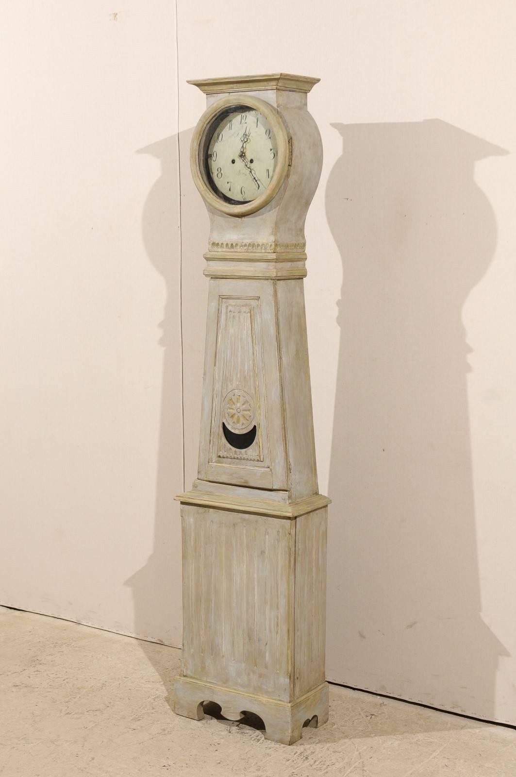 Glass Sold Swedish Painted Wood Clock from the 19th Century with Half Moon Smile