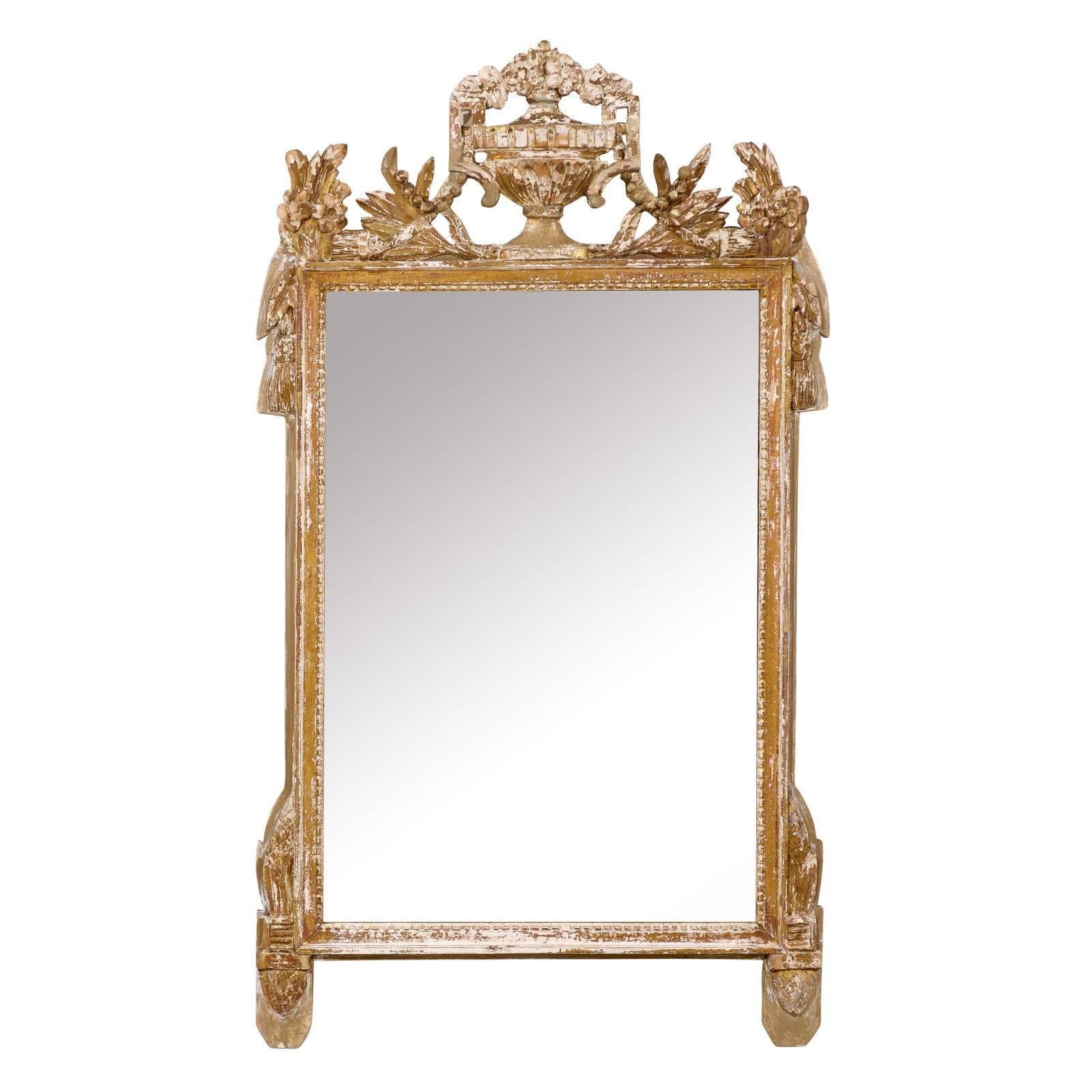 French Gilded and Ornately Carved Wood Mirror with Urn Motif Crest, Gold Color