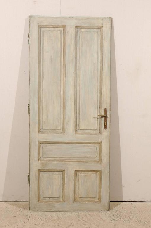 Single European Painted Wood Door in Grey Blue with Green Brown Accents