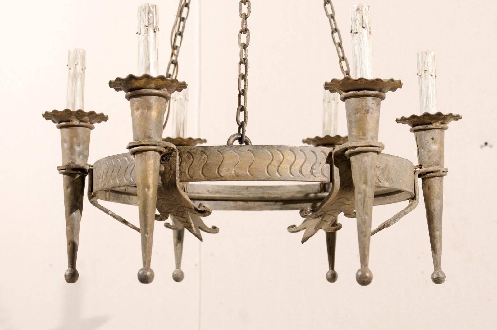 French Six-Light Hammered Metal Circular Chandelier in Bronze, Gold & Grey Color In Good Condition In Atlanta, GA