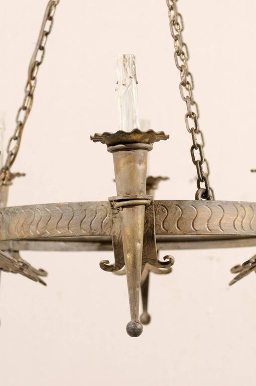 French SixLight Hammered Metal Circular Chandelier in Bronze, Gold and